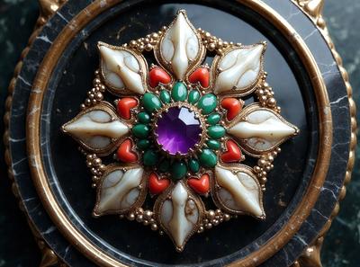 The primary subject of the image is a decorative piece featuring a purple gemstone in the center of a white and green flower design. The setting is a black background, which contrasts with the vibrant colors of the flower and gemstone. The visual style is a combination of digital art and illustration, creating a unique and eye-catching design. The dominant colors are purple, white, and green, giving the piece a fresh and lively appearance.