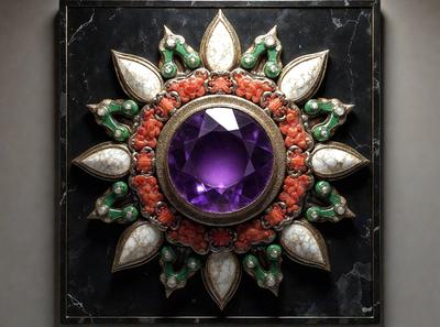 The primary subject of the image is a decorative piece featuring a purple gemstone in the center, surrounded by a gold and orange design. The setting is a black marble surface, which serves as the background for the piece. The visual style of the image is a combination of digital art and illustration, creating a unique and eye-catching design. The dominant colors in the image are purple, gold, and orange, giving the piece a warm and luxurious appearance.