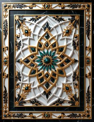 The primary subject of the image is a decorative tile with a gold and green design. The tile features a large, intricate flower pattern, which adds a touch of elegance and sophistication to the overall design. The setting is a wall, where the tile is mounted, and the visual style is a combination of digital art and illustration. The colors and mood of the image are predominantly gold and green, creating a warm and inviting atmosphere.