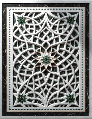 The primary subject of the image is a decorative design featuring a flower in the center, surrounded by intricate patterns and shapes. The design is likely a part of a larger artwork or a decorative piece, such as a wall hanging or a tabletop. The setting appears to be indoors, possibly in a room with a marble surface. The visual style of the image is a combination of digital art and illustration, creating a unique and eye-catching design. The colors and mood of the image are predomin