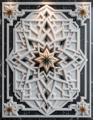 The primary subject of the image is a white and green decorative design, possibly a mosaic or a patterned wall. The setting is a room with a marble surface, which adds to the luxurious and elegant atmosphere. The visual style is a combination of digital art and illustration, creating a unique and intricate design. The colors and mood of the image are predominantly white and green, giving it a clean and fresh appearance.