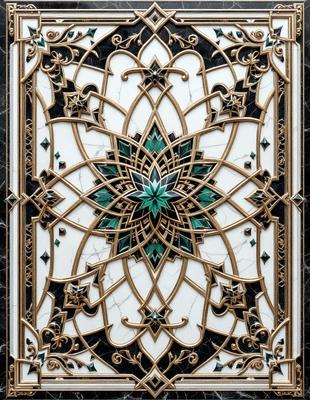 The primary subject of the image is a decorative design featuring a flower, likely a fern, with green and gold accents. The setting is a black and white marble surface, which adds a contrasting backdrop to the design. The visual style appears to be a combination of digital art and illustration, creating a unique and intricate pattern. The colors and mood of the image are predominantly black and white, with the green and gold accents adding a touch of vibrancy and warmth to the overall atmosphere