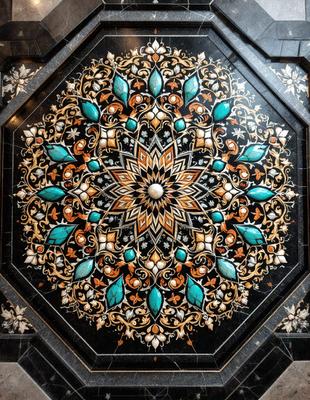 The primary subject of the image is a beautifully designed and intricately crafted tile floor. The setting is a room with a black and gold color scheme. The visual style is a combination of digital art and illustration, creating a unique and eye-catching pattern. The colors and mood of the image are rich and vibrant, with a focus on gold, black, and blue hues.