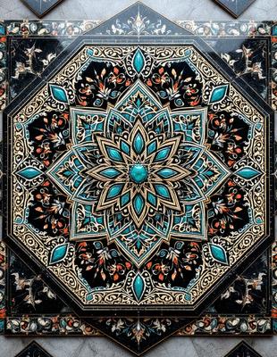 The primary subject of the image is a beautifully designed, ornate, and colorful tile or carpet. The tile features a blue and gold design, with a central blue circle surrounded by a gold pattern. The setting is a room with a black background, which highlights the vibrant colors of the tile. The visual style is a close-up of the tile, showcasing its intricate details. The colors and mood of the image are lively and inviting, with the blue and gold colors creating a sense of