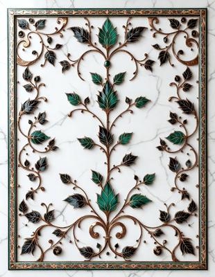 The primary subject of the image is a decorative piece featuring a tree design. The setting is a white marble wall, and the visual style appears to be a combination of digital art and illustration. The colors and mood of the image are predominantly green, which adds a sense of freshness and natural beauty to the scene.