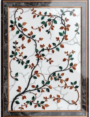 The primary subject of the image is a white and green mosaic tile design featuring a tree branch pattern. The setting is a marble countertop, and the visual style is a combination of digital art and illustration. The colors and mood of the image are predominantly green and white, creating a serene and natural atmosphere.
