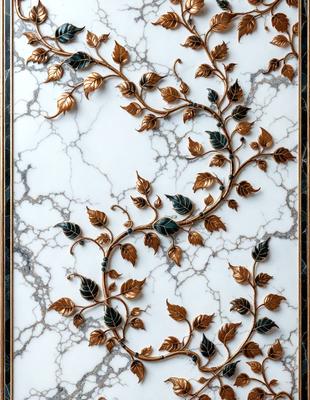 The primary subject of the image is a decorative design featuring a leafy branch pattern. The setting is a marble wall, which serves as the backdrop for the intricate pattern. The visual style is a combination of digital art and illustration, creating a unique and eye-catching design. The colors are predominantly green and gold, giving the design a warm and natural atmosphere.