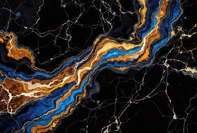 The primary subject of the image is a marble surface with a blue and yellow striped pattern. The setting is a black background, which contrasts with the marble and adds depth to the image. The visual style is a close-up of the marble, showcasing the intricate pattern and texture. The colors and mood of the image are vibrant and lively, with the blue and yellow stripes creating a sense of movement and energy.