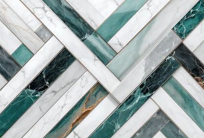 The primary subject of the image is a marble tile with a blue and white pattern. The setting is a wall, and the visual style is a close-up of the tile. The colors and mood of the image are predominantly blue and white, creating a clean and elegant appearance.