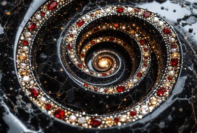 The primary subject of the image is a spiral pattern with a black background. The spiral is adorned with red and white beads, creating a visually striking and unique design. The setting appears to be a dark background, which emphasizes the spiral pattern and the beads. The visual style of the image is a combination of artistic and digital elements, creating a captivating and eye-catching display. The colors and mood of the image are predominantly dark and dramatic, with the red and white