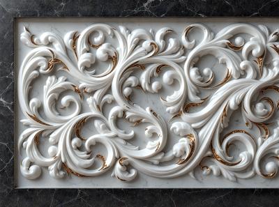 The primary subject of the image is a white and gold decorative piece, possibly a sculpture or a wall decoration. The setting is a marble surface, which adds to the elegance and sophistication of the piece. The visual style appears to be a combination of digital art and traditional craftsmanship, creating a unique and eye-catching design. The colors and mood of the image are predominantly white and gold, evoking a sense of luxury and refinement.