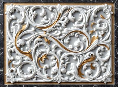 The primary subject of the image is a white and gold decorative design, possibly a wallpaper or a piece of art. The setting is a black background, which contrasts with the white and gold decorative design. The visual style appears to be a combination of digital art and illustration, as the design features intricate patterns and gold accents. The colors and mood of the image are elegant and sophisticated, with the white and gold color scheme creating a sense of luxury and refinement.