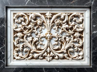 The primary subject of the image is a decorative white and gold carved design, possibly a frieze or a wall decoration. The setting is a marble surface, which adds to the elegance and sophistication of the design. The visual style is a combination of photo and digital art, as the intricate details of the carved design are captured in a high-resolution image. The colors and mood of the image are predominantly white and gold, creating a sense of luxury and refinement.