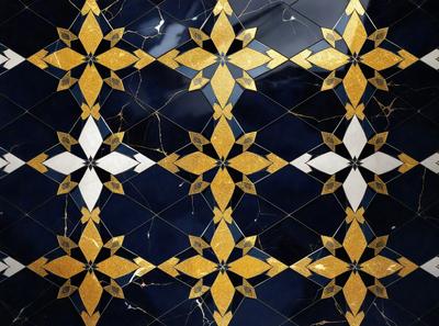 The primary subject of the image is a beautifully designed tile pattern featuring gold and black colors. The setting is a wall with a blue background, which adds a contrasting element to the design. The visual style of the image is a combination of digital art and illustration, creating a unique and intricate pattern. The colors and mood of the image are elegant and sophisticated, with the gold and black tones evoking a sense of luxury and refinement.