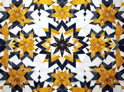 The primary subject of the image is a geometric pattern featuring a star design. The pattern is composed of various shapes and colors, creating a visually appealing and intricate design. The setting is a wall, and the visual style appears to be a combination of digital art and illustration. The dominant colors in the pattern are yellow and blue, giving the overall atmosphere a warm and vibrant feel.