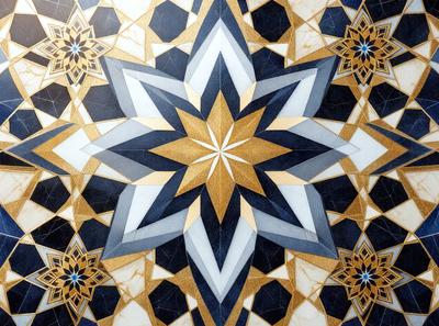 The primary subject of the image is a large, intricate, and colorful star pattern. The setting is a marble surface, which adds to the visual style of the image. The colors and mood of the image are vibrant and lively, with a mix of gold, blue, and black hues. The overall atmosphere of the image is captivating and visually appealing.