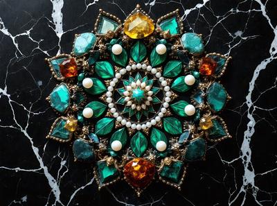 The primary subject of the image is a decorative piece featuring a green and white center with a circle of green and white beads surrounding it. The setting is a black marble surface, which serves as the background for the piece. The visual style of the image is a close-up of the decorative piece, showcasing its intricate details. The colors and mood of the image are predominantly green and white, giving it a clean and elegant appearance.