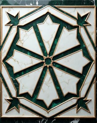 The primary subject of the image is a decorative design featuring a white and green color scheme. The design is likely a mosaic or a pattern, with a central point that resembles a flower. The setting is a marble surface, which adds to the elegance and sophistication of the design. The visual style of the image is a combination of artistic elements, such as the intricate pattern and the use of contrasting colors. The overall atmosphere of the image is one of beauty and refinement.