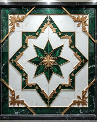 The primary subject of the image is a decorative tile with a green and gold design. The tile features a star pattern and is set against a marble background. The visual style of the image is a close-up of the tile, showcasing its intricate details. The colors and mood of the image are warm and inviting, with the green and gold colors creating a sense of luxury and sophistication.