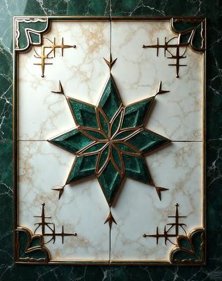 The primary subject of the image is a decorative tile featuring a green star design. The tile is mounted on a wall, and the setting includes a marble surface. The visual style of the image is a close-up of the tile, showcasing its intricate details. The colors and mood of the image are predominantly green, giving it a fresh and lively appearance.