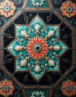 The primary subject of the image is a decorative, colorful design on a surface. The setting is a room with a wooden floor, and the visual style appears to be a combination of photo and digital art. The colors and mood of the image are vibrant and lively, with a focus on the intricate patterns and details of the design.