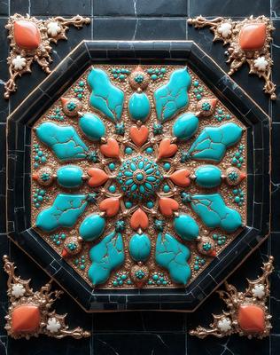 The primary subject of the image is a decorative piece featuring a blue and orange color scheme. The setting is a black background, which contrasts with the vibrant colors of the design. The visual style appears to be a combination of digital art and illustration, creating a unique and eye-catching pattern. The overall atmosphere is lively and energetic, thanks to the bold colors and intricate design.