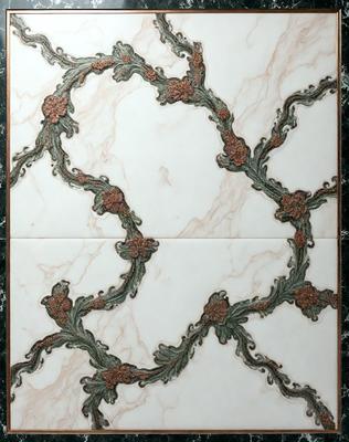 The primary subject of the image is a marble tile with a green and gold design. The setting is a bathroom, and the visual style is a combination of photo and digital art. The dominant colors are green and gold, creating a warm and inviting atmosphere.