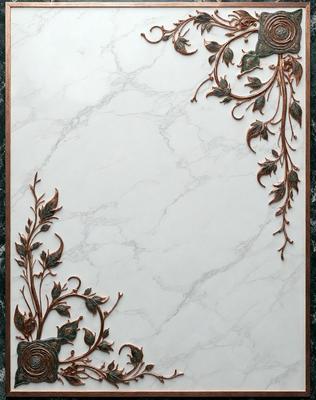 The primary subject of the image is a decorative marble plaque featuring a design of leaves and flowers. The setting is a marble countertop, and the visual style is a combination of digital art and illustration. The dominant colors are white and green, creating a clean and natural atmosphere.