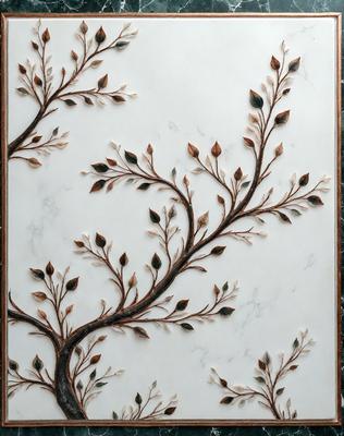 The primary subject of the image is a tree, which is the main object, scene, or focus of the image. The tree is depicted in a decorative manner, with intricate details and patterns. The setting or background of the image features a white marble surface, which adds to the overall visual style. The colors and mood of the image are predominantly white, giving it a clean and elegant appearance.