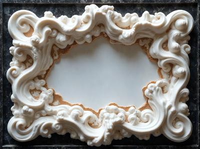 The primary subject of the image is a white, ornate frame with a mirrored surface. The frame is adorned with intricate carvings and decorations, giving it an antique and elegant appearance. The setting is a black table, which serves as the background for the frame. The visual style of the image is a combination of photo and digital art, as it captures the details of the ornate frame and the mirrored surface. The colors and mood of the image are predominantly white, giving it a clean