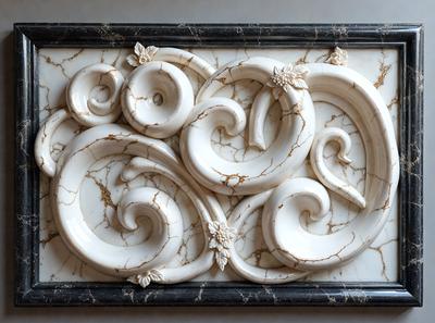 The primary subject of the image is a white marble sculpture featuring a design of swirls and curves. The sculpture is placed on a black marble surface, which serves as the setting or background. The visual style of the image is a combination of photo and digital art, as it appears to be a photograph of a digital artwork. The colors and mood of the image are predominantly black and white, giving it a classic and elegant appearance.