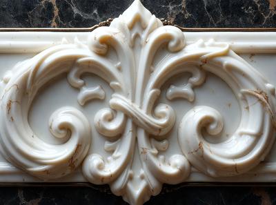 The primary subject of the image is a decorative piece made of marble, featuring a design that resembles a flower. The setting is a marble countertop, and the visual style is a close-up of the marble piece. The colors and mood of the image are predominantly white, giving it a clean and elegant appearance.