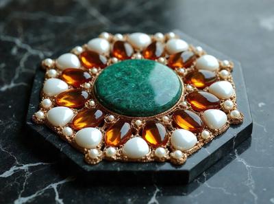 The primary subject of the image is a decorative piece featuring a green and white circle with a green center. The setting is a black marble surface, and the visual style appears to be a combination of photo and digital art. The colors and mood of the image are predominantly black and white, with a touch of green and white, creating a sophisticated and elegant atmosphere.
