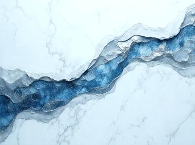 The primary subject of the image is a blue and white marble wall. The setting is a white marble surface, and the visual style is a photo. The dominant colors are blue and white, creating a calm and serene atmosphere.