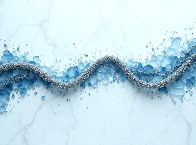 The primary subject of the image is a blue and silver striped pattern. The setting is a white marble surface, which serves as the background. The visual style is a combination of digital art and illustration, creating a unique and eye-catching design. The dominant colors are blue and silver, giving the pattern a modern and sophisticated appearance.