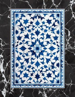 The primary subject of the image is a decorative tile with a blue and white design. The tile features a pattern of blue and white flowers, creating a visually appealing and intricate design. The setting is a black and white marble surface, which serves as the background for the tile. The visual style of the image is a close-up of the tile, highlighting its intricate details. The colors and mood of the image are predominantly black and white, with the blue and white flowers adding a touch of vib