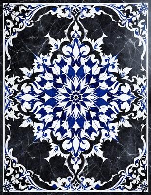 The primary subject of the image is a blue and white patterned design, which appears to be a decorative piece or a piece of art. The setting is a black background, which contrasts with the blue and white design. The visual style of the image is a combination of digital art and illustration, as it features a detailed and intricate pattern. The colors and mood of the image are predominantly blue and white, creating a sense of calmness and elegance.