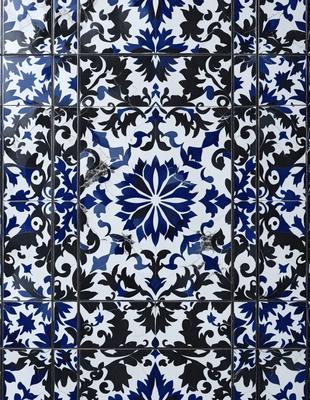 The primary subject of the image is a blue and white tile with a pattern of flowers. The setting is a bathroom, and the visual style is a photo. The dominant colors are blue and white, creating a clean and elegant atmosphere.