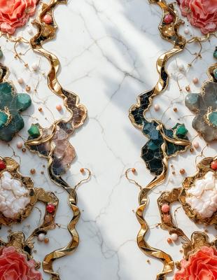 The primary subject of the image is a decorative piece featuring a gold design with a marble background. The setting is a white marble surface, and the visual style appears to be a combination of digital art and illustration. The colors in the image are predominantly gold and white, creating a sense of elegance and sophistication.