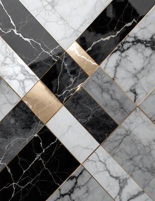 The primary subject of the image is a black and white marble tile pattern. The setting is a bathroom, with the tiles covering the walls and floor. The visual style is a combination of a photo and digital art, creating a unique and intricate pattern. The dominant colors are black and white, giving the space a classic and elegant appearance.