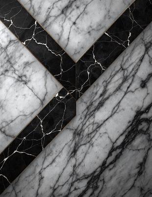 The primary subject of the image is a marble tile with a black and white pattern. The setting is a bathroom, as indicated by the presence of a marble countertop. The visual style is a close-up of the marble tile, showcasing its intricate design. The colors and mood of the image are predominantly black and white, giving it a classic and elegant appearance.