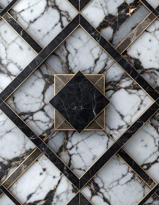 The primary subject of the image is a black and white marble tile. The setting is a marble countertop, and the visual style is a close-up of the tile. The dominant colors are black and white, creating a classic and elegant atmosphere.