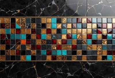 The primary subject of the image is a mosaic tile floor, which features a variety of colors and patterns. The setting is a room with a black marble floor, and the visual style is a close-up of the tile floor. The colors and mood of the image are vibrant and lively, with the different colors of the tiles creating a visually appealing and dynamic scene.