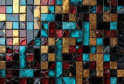 The primary subject of the image is a mosaic tile wall with a blue and gold color scheme. The setting is a room with a blue and gold color scheme. The visual style is a mosaic tile wall. The dominant colors are blue and gold, creating a warm and inviting atmosphere.