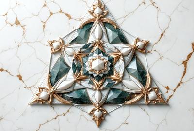 The primary subject of the image is a decorative piece made of marble, featuring a geometric design with a gold triangle and a blue star. The setting is a marble countertop, and the visual style is a combination of digital art and illustration. The dominant colors are gold, blue, and white, creating a sense of elegance and sophistication.
