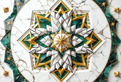 The primary subject of the image is a large, intricate, and colorful paper design, which appears to be a decorative piece or a piece of art. The design features a combination of green, yellow, and gold colors, creating a vibrant and eye-catching pattern. The setting of the image is a white marble table, which serves as a contrasting background for the paper design. The visual style of the image is a close-up, showcasing the details and intricacy of the paper artwork.