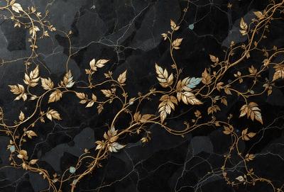 The primary subject of the image is a gold and blue leaf design, which is displayed on a black marble surface. The setting appears to be a stone wall, and the visual style is a combination of digital art and illustration. The dominant colors in the image are gold and blue, creating a sense of elegance and sophistication.