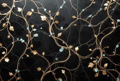 The primary subject of the image is a gold and blue leaf design on a black background. The setting is a wall, and the visual style appears to be a combination of digital art and illustration. The dominant colors are gold and blue, creating a sense of elegance and sophistication.