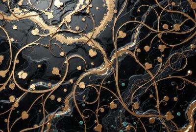The primary subject of the image is a black and gold painting featuring a swirling design. The setting is a black background, and the visual style appears to be a combination of digital art and illustration. The dominant colors are black and gold, creating a rich and luxurious atmosphere.