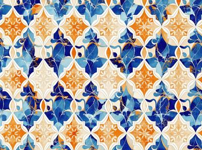 The primary subject of the image is a blue and orange patterned tile. The setting is a wall with a blue and orange tile design. The visual style is a patterned tile, which gives the image a unique and artistic appearance. The dominant colors are blue and orange, creating a vibrant and lively atmosphere.